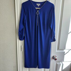 Blue Zip Neck-A-Line, Size Lg., Dress with O-ring, by JM Collection